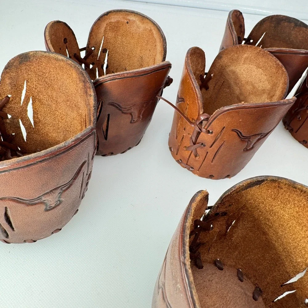 Vintage Tooled Leather Cup Holders Brown Texas Longhorn Western Barware Set 7